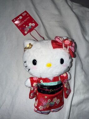 Sanrio Hello Kitty Red Floral Kimono Keychain Plush